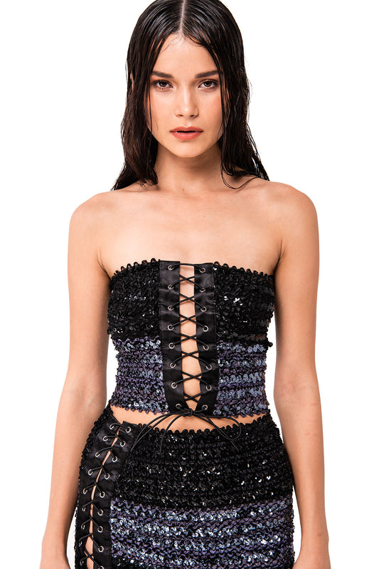LACE-UP BLACK SEQUIN TUBE TOP
