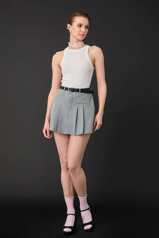 Fine Line Detailed Belted Shorts Skirt Gray