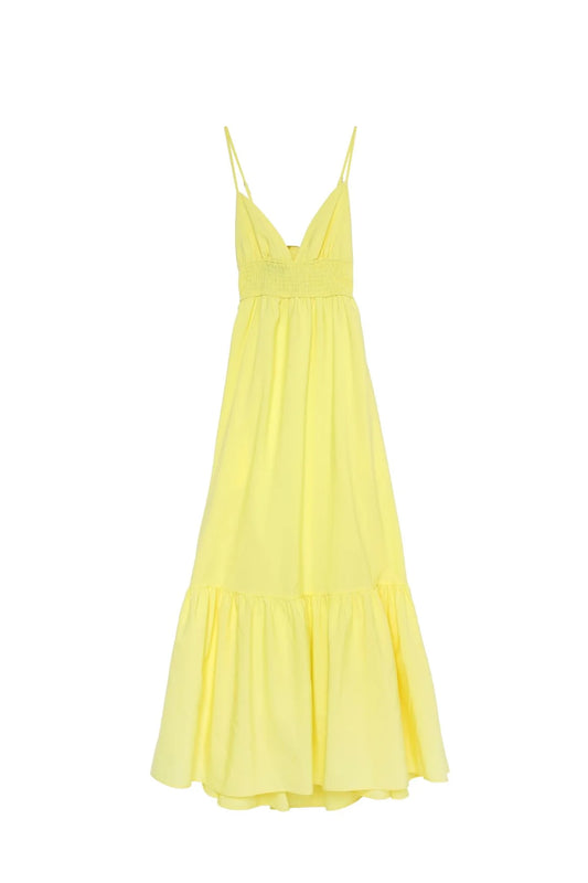 Long Dress Yellow with Low-cut Back and Glued Waist
