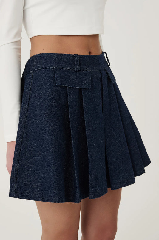 Pleat Detailed Mini Denim Skirt Blue