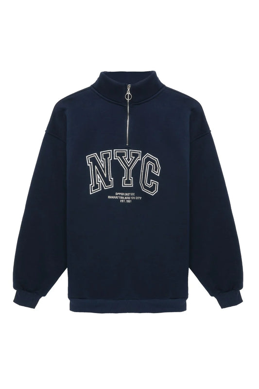 Text Printed Zippered Sweatshirt Navy Blue