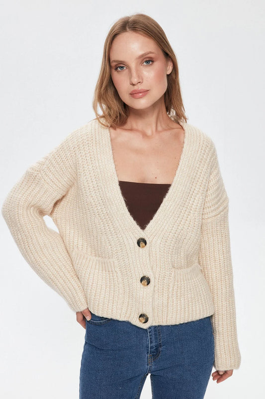 Button Detailed Pocket Knitted Cardigan Navy Blue