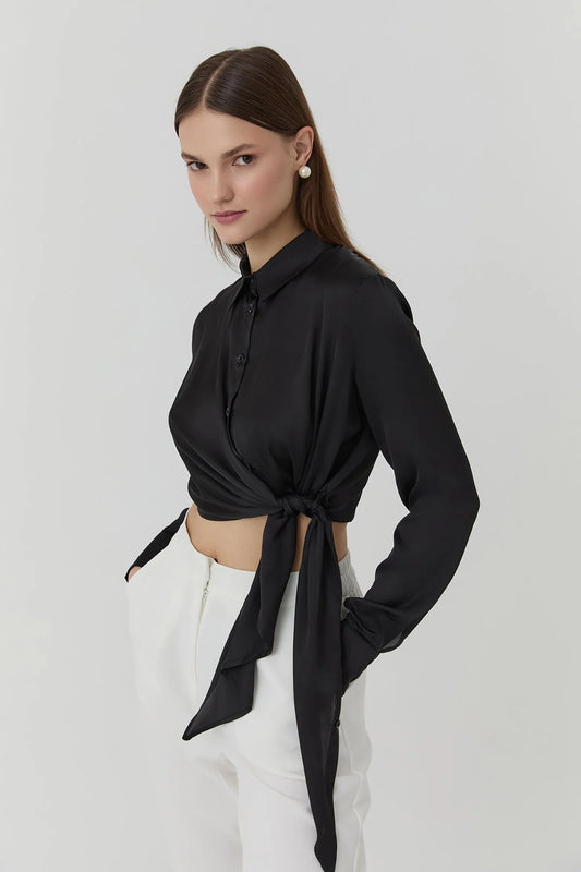 Double Breasted Tie Detailed Satin Shirt Ecru