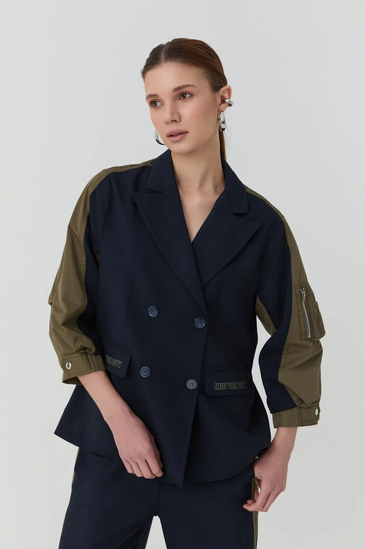 Match Detailed Sleeve Pocket Blazer Jacket Navy Blue