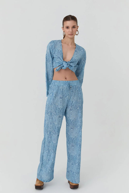 Colorful Patterned Elastic Waist Trousers Blue