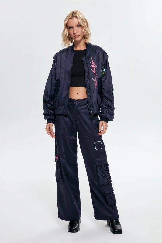 Embroidery Detailed Pocket High Waist Trousers Navy Blue