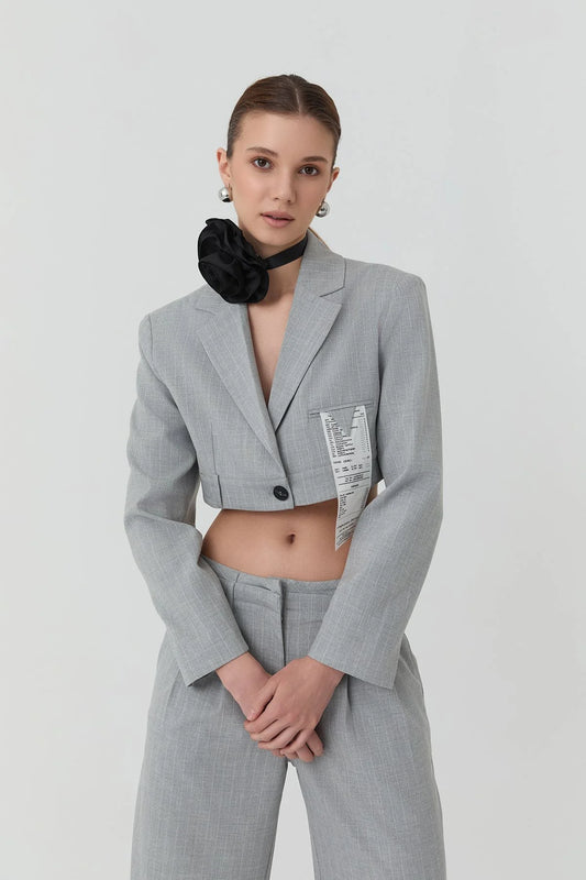 Text Printed Thin Striped Short Jacket Light Gray on the Lining