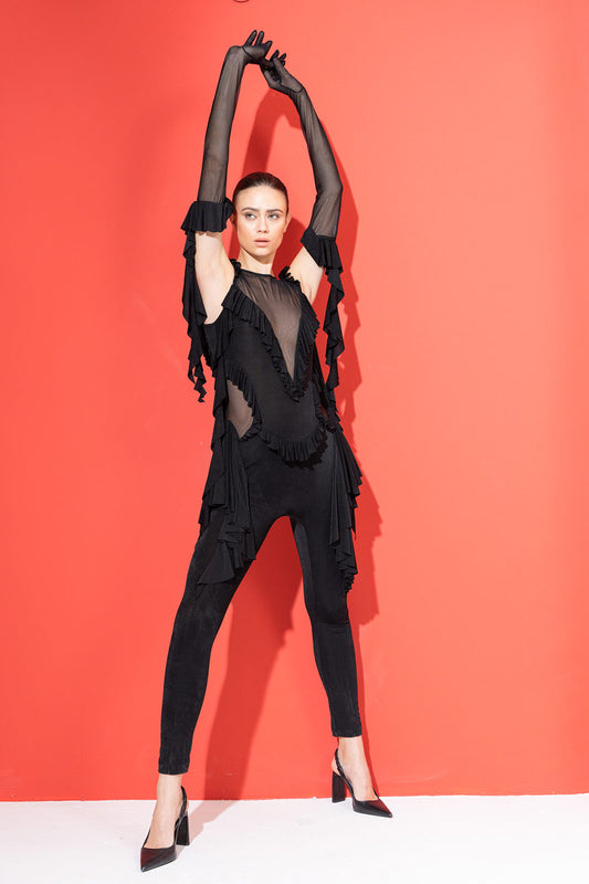 BLACK RUFFLE-TRIM CATSUIT WITH GLOVES