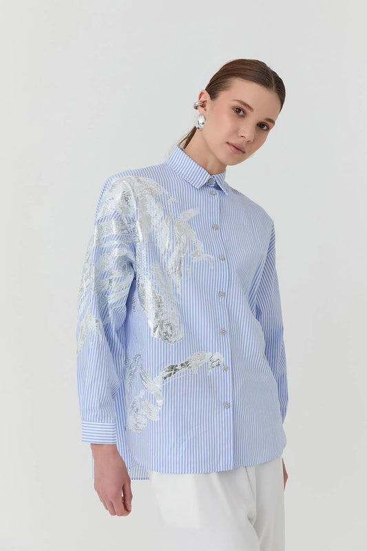 Striped Oversize Shirt with Foil Print Detail Blue