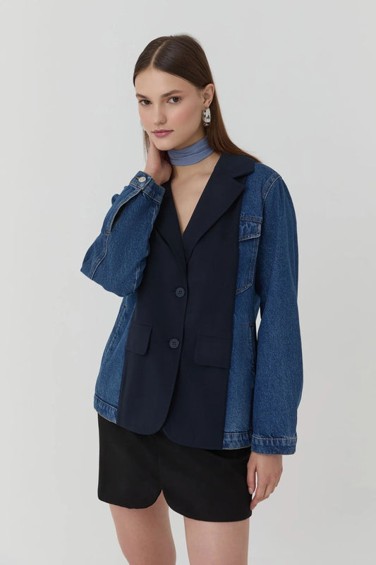Denim Detailed Pocket Blazer Jacket Blue