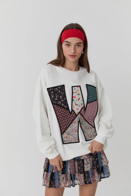 Floral Patterned Embroidered Oversize Sweatshirt Ecru