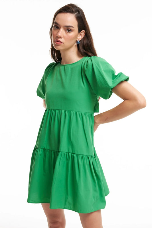 Low Back Balloon Sleeve Dress Green